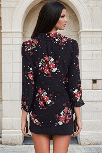 NEW LAVİVA Model floral negru, mânecă lungă, croială clasică, cămașă