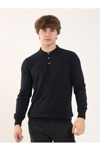 Dufy Navy Blue Men's Slim Fit Plain Classic Polo Neck Knitwear