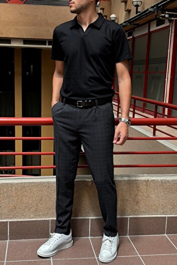 inpool Erkek, Pile Detaylı, Siyah, Ekose Desen, Slim-fit, Poliviskon Pantolon