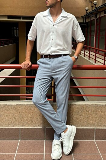 inpool Men's, Pleat Detailed, Blue, Plaid Pattern, Slim-fit, Polyviscose Trousers