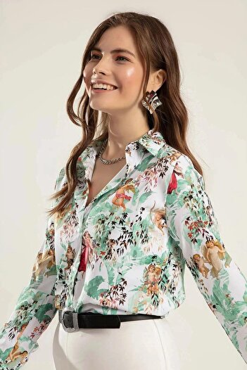 NEW LAVİVA Cămașă de damă cu guler clasic verde, cu model floral, cu mânecă lungă, cu croială obișnuită, mărime standard