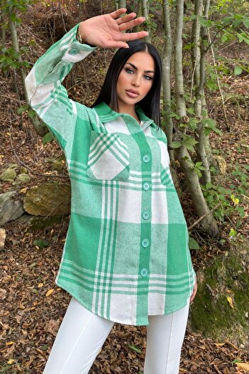 NEW LAVİVA Cămașă verde cu buzunar dublu, model în carouri, potrivire confortabilă, ștampilă lejeră
