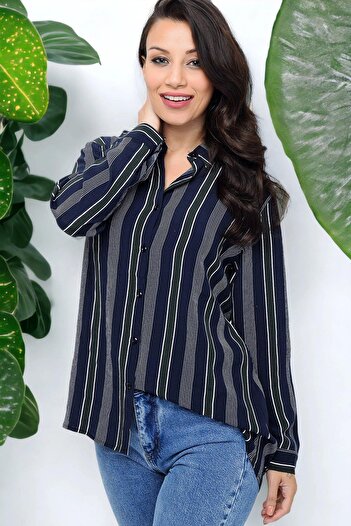 NEW LAVİVA Guler clasic albastru bleumarin pentru femei, mânecă lungă, model floral, croială normală, cămașă de lungime standard