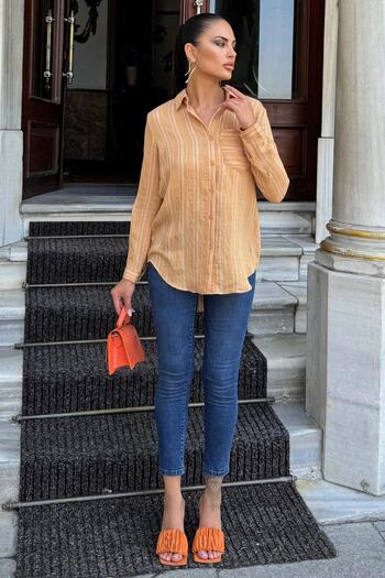NEW LAVİVA Cămașă de damă din țesătură texturată cu mânecă lungă, cu dungi de culoare caramel