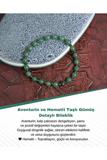 Saff Doğal Taş Sertifikalı Aventurin ve Hematit Taşlı Bileklik – Gümüş Detaylı