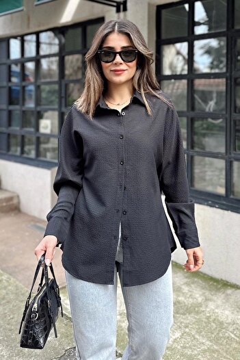 NEW LAVİVA Model de bază negru de damă, seersucker, cămașă casual