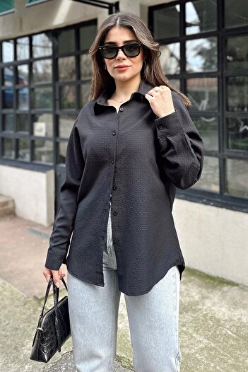 NEW LAVİVA Model de bază negru de damă, seersucker, cămașă casual