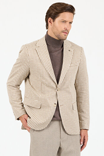 Frappoli Remos Erkek Bej Kazayağı Desenli Esneyen Kumaş Mono Yaka Spor Blazer Ceket