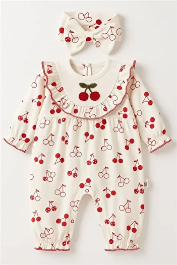 caliskanonline Baby Girl Jumpsuit with Cherry Pattern Bandana Accessory