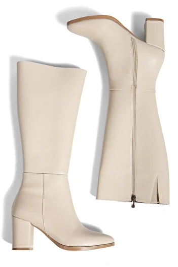 moun shoes Γυναικείες μπότες με φερμουάρ μπεζ με τακούνι κάτω από το γόνατο (Διατίθεται μέρος τέντωμα μέχρι 2 cm)