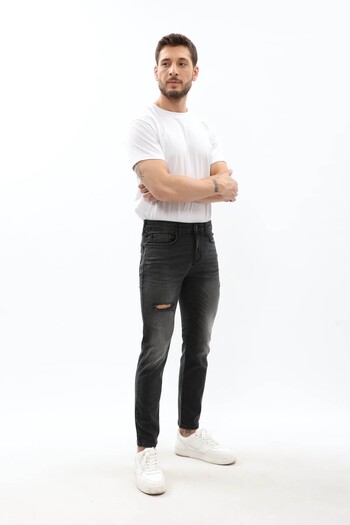Bluewhite Erkek Slim Fit Yırtık Detay Antrasit Jean Pantolon