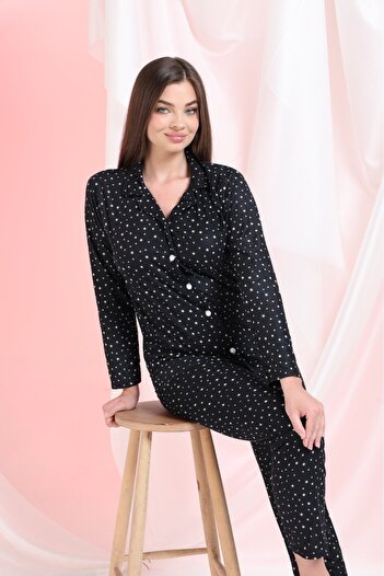 MEBA Black Front Button Winter Suede Velvet Women's Pajama Set