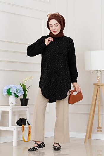 Sevitli Bust Stone Detailed Oversize Tunic-Black