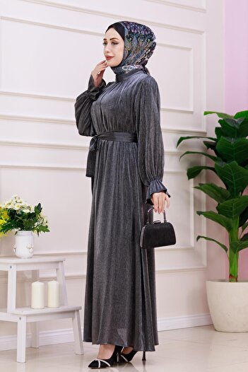 Sevitli Glitter Alya Evening Dress - Anthracite with Flounces on the Sleeves