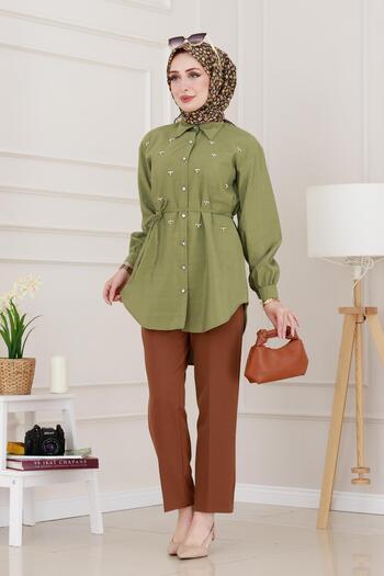 Sevitli Monaco Collar Stone Tunic-Khaki