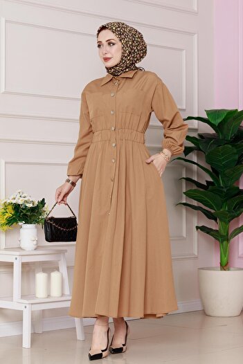 Sevitli Φόρεμα Jasmine-Camel με λεπτομέρεια από καουτσούκ στη μέση