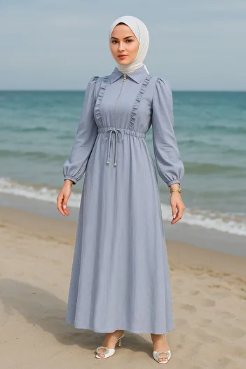 Neva Style Γκρι Φόρεμα Hijab με φερμουάρ 17021GR