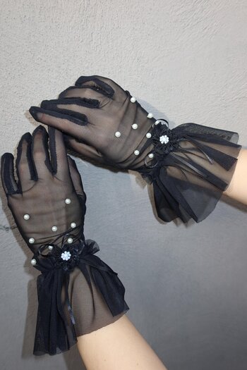 TAKIŞTIR Black Color Pearl and Tulle Detailed Stylish Bridal Gloves Wedding/Wedding/Party/Costume Gloves