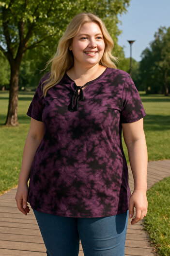 MODA Women's Plus Size Baby Collar Lace Detail Tie-Dye Pattern Blouse
