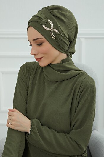 Aisha's Design Aerobin Fabric Ready-Made Turban with Accessories, Ht-94, Khaki Green