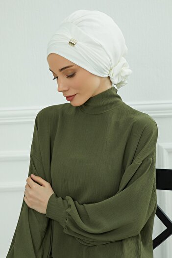 Aisha's Design Έτοιμο τουρμπάνι από ύφασμα Aerobin με αξεσουάρ, HT-95, Λευκό