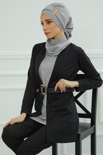 Aisha's Design Aerobin Fabric Ready-Made Turban with Gold Accessories, Ht-11A, Gray