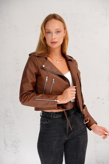 İLKCET MODA Light Brown Slim Fit Women's Jacket with Sleeve Zipper Detail
