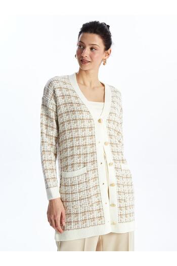 LC Waikiki LCWAIKIKI Basic Jacquard-Strickjacke mit V-Ausschnitt und karierten langen Ärmeln für Damen