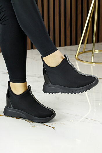 Erkan Saçmacı Luminita Black Silver Stone Hidden Wedge Heeled Casual Shoes