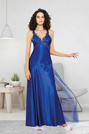 LOOMERİE 3501 Women's Saks Thin Strap Long Fancy Nightgown