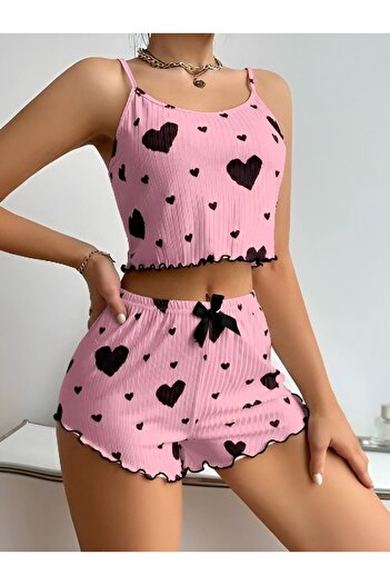 OEM Women's summer pajamas, short pants and top with thin straps and heart print.