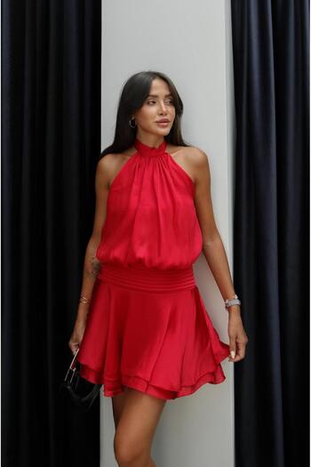 Havoş Pomegranate Flower Waist Pleated Detail Satin Dress