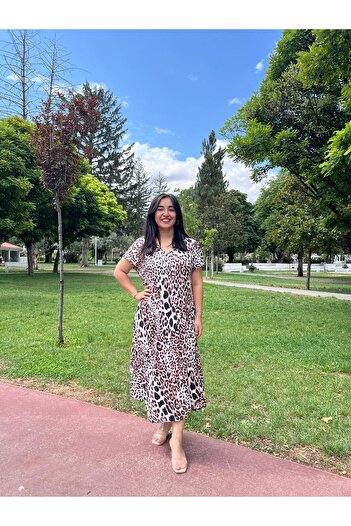 Sobe Hediyelik Leopard Print V-Neck Casual Summer Dress – Asymmetric Cut Compatible Size 38-50