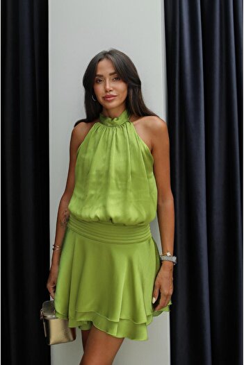 Havoş Pistachio Green Satin Dress with Pleated Waist Detail