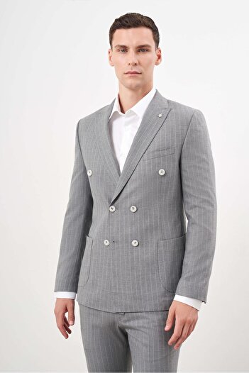 Morven Erkek Gri Poliviskon Trend Kruvaze Slim Fit Sivri Yaka Takım Elbise