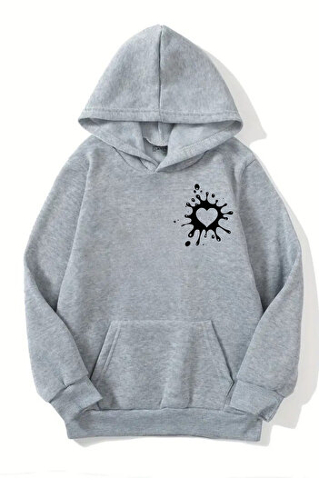 Sweetline Unisex γκρι φούτερ με κουκούλα – Μοντέρνο μοτίβο καρδιάς, χοντρό ύφασμα με ανοιχτόχρωμο