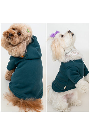 Buddy Store Cat and Dog Outfit Clothes - Unprinted Petrol Green Hooded and Hoodless Sweatshirt 2 Items