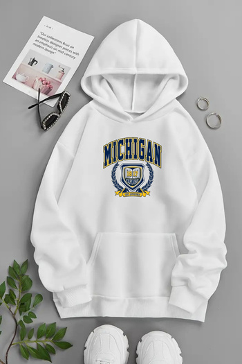Sweetline Unisex Λευκό Φούτερ με κουκούλα – MICHIGAN EXPLORE, Χοντρό ύφασμα με στάμπα