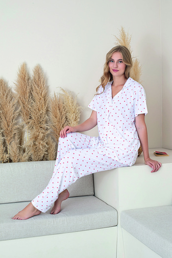 Line Smart Women's 100% Natural Cotton Heart Shirt Collar Short Sleeve Pajamas Set
