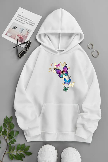 Sweetline Unisex Λευκό Φούτερ με κουκούλα – ΠΟΛΥΧΡΩΜΕΣ ΠΕΤΑΛΟΥΔΕΣ, Χοντρό ύφασμα με στάμπα