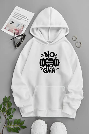 CLAYES Unisex Λευκό Φούτερ με κουκούλα – NO PAİN NO GAİN, Χοντρό ύφασμα με στάμπα