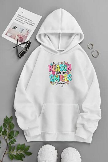 Sweetline Unisex Λευκό Φούτερ με κουκούλα – REASON SMİLE, Χοντρό ύφασμα με στάμπα