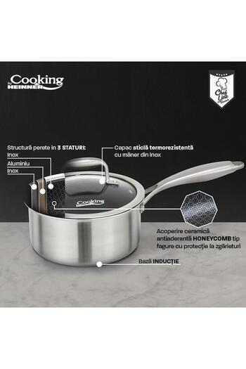 Heinner Stainless steel casserole with lid, 16x8.5 cm, 1.6 l, HONEYCOMB ceramic coating, Titanium
