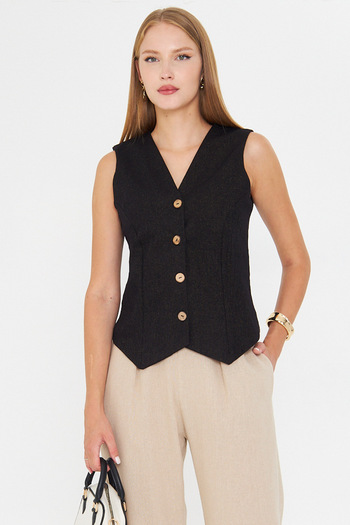 armonika Women's Gold Glitter V-Neck Body Fitting Linen Look Lined Vest Arm-24Y001111