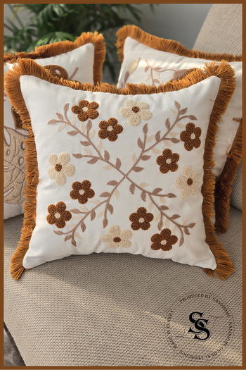 SasoHome Beauty Flowers Punch Embroidery Patterned Linen Throw Pillow Cover