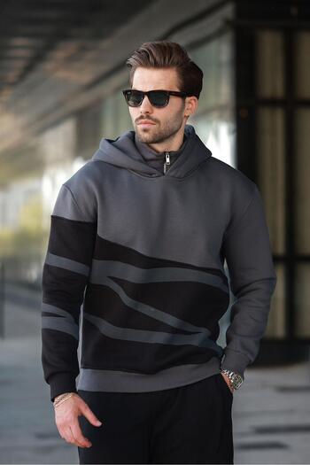 Madmext Smoked Hooded Zipper Collar Patterned Men's Sweatshirt E7162