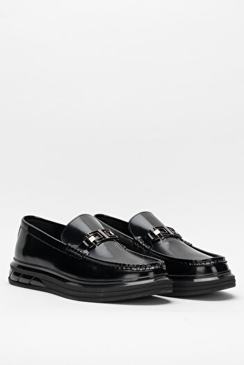 Dericlub Men's Thick Sole Buckle Loafer Shoes Real Leather Cr 2713 Black