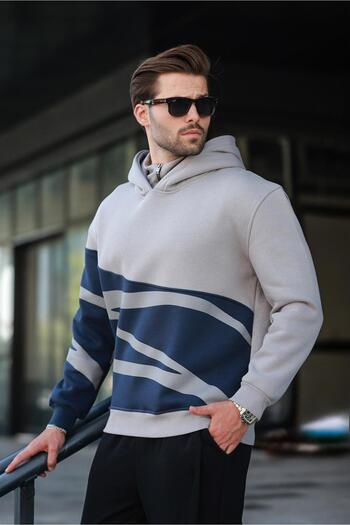 Madmext Painted Gray Hooded Zipper Collar Patterned Men's Sweatshirt E7162