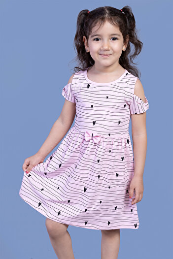 Toontoy Girl's Heart Patterned Dress with Sleeves Detail