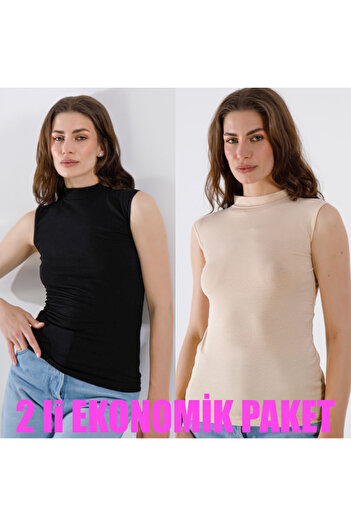 Şenay Women's Lycra Zero Sleeve Fisherman's Collar 2-Pack Economic Package